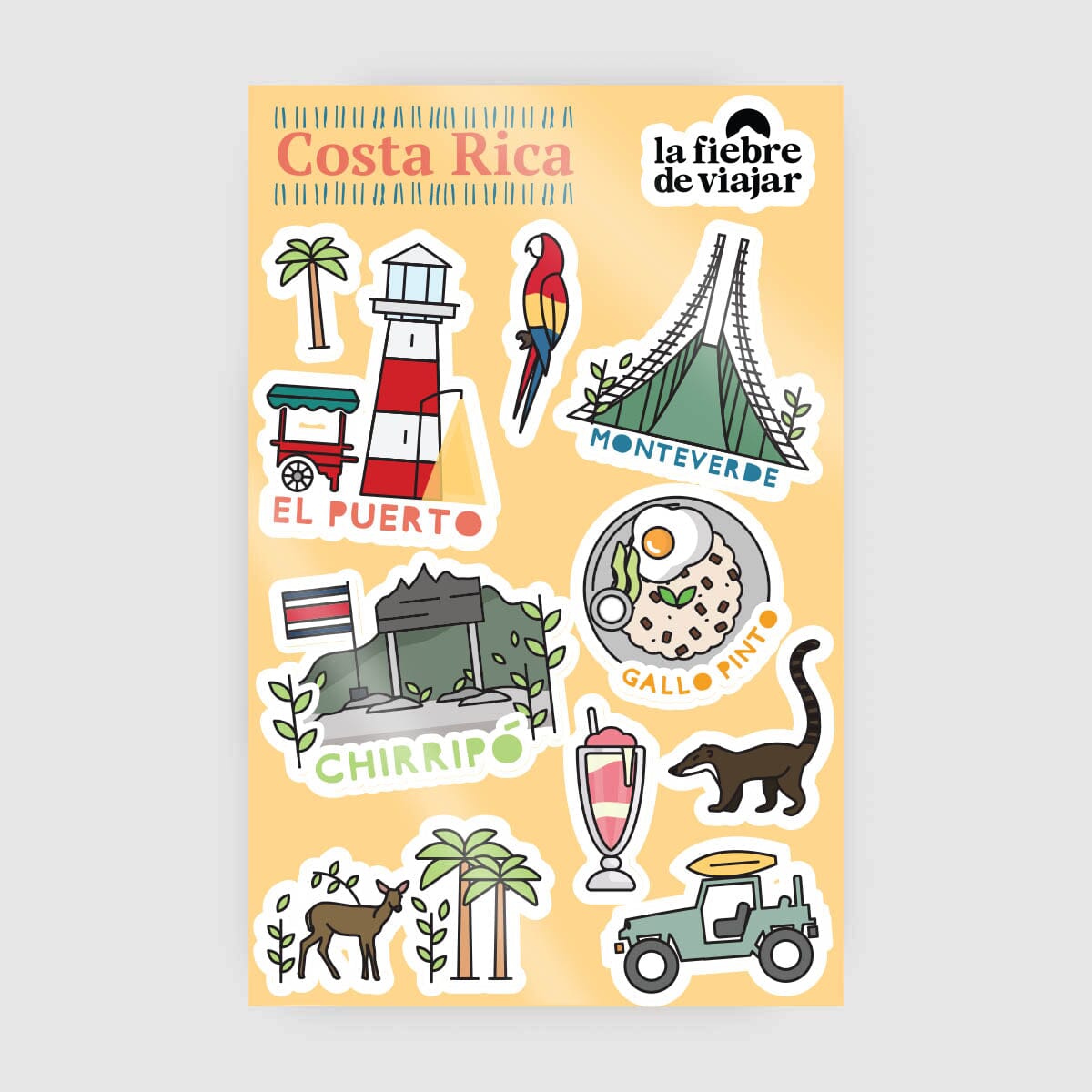Paquete de láminas de stickers de Costa Rica La Fiebre de Viajar 